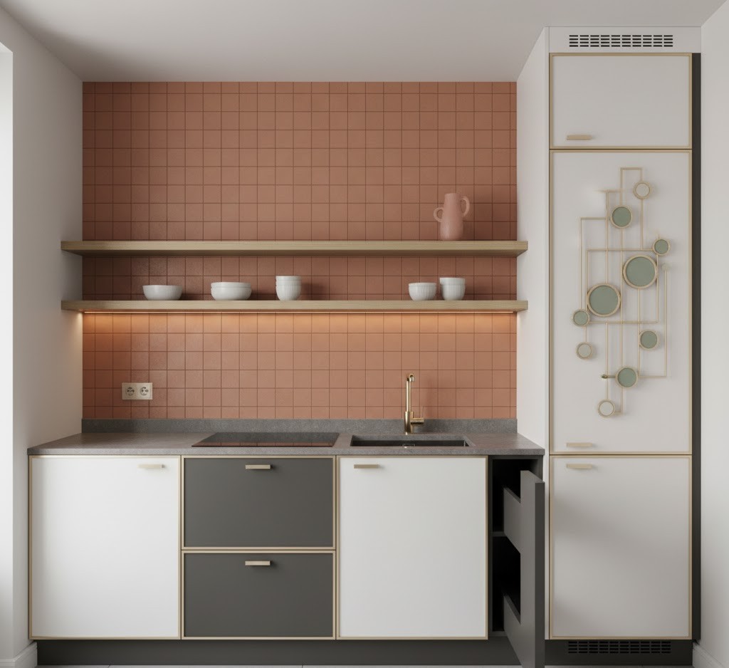 Compact kitchen with artistic touches