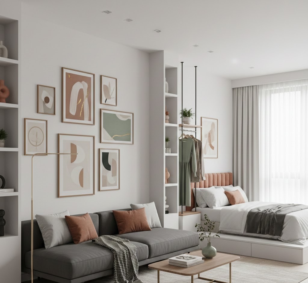 Modern studio with gallery wall